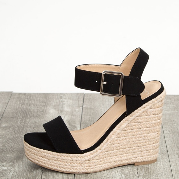Platform Chain Black Open Toe Espadrille Wedge Sandals